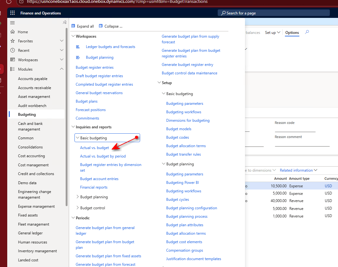 Screenshot of actual vs budget navigation option.