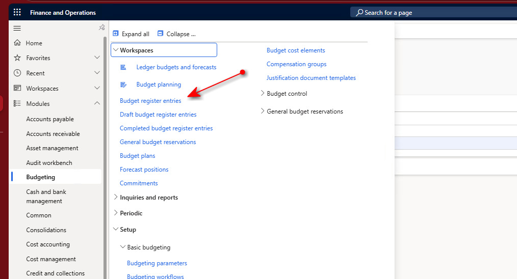 Screenshot of path to access budget register entries.