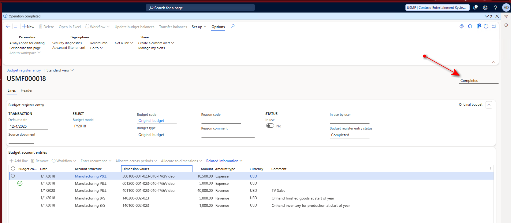 Screenshot of budget register entry completed.