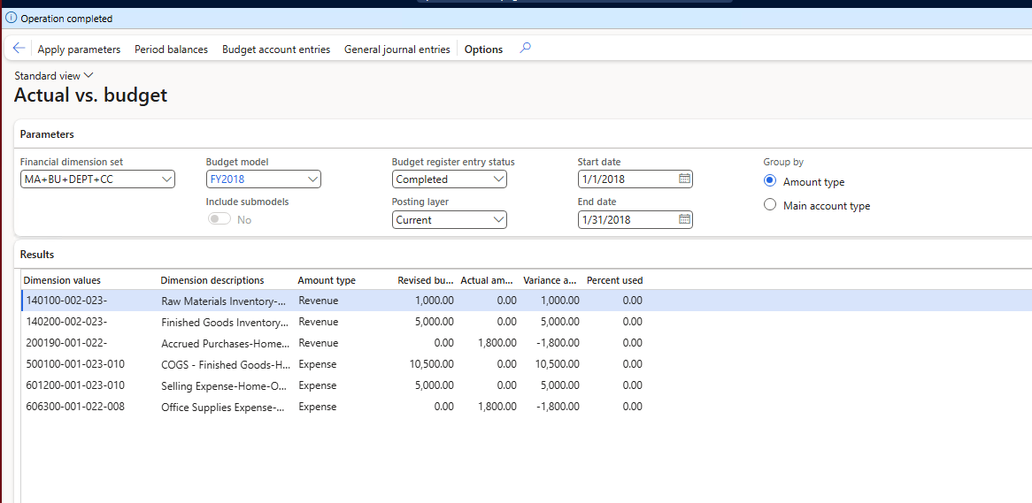 Screenshot ofMA+BU+DEPT+CC selected as financial dimension set.
