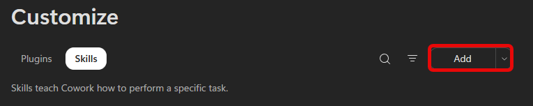 Copilot Cowork Skills page with the Add button