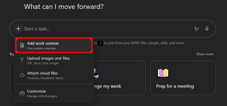 Screenshot of the Cowork task input menu with Add work context highlighted