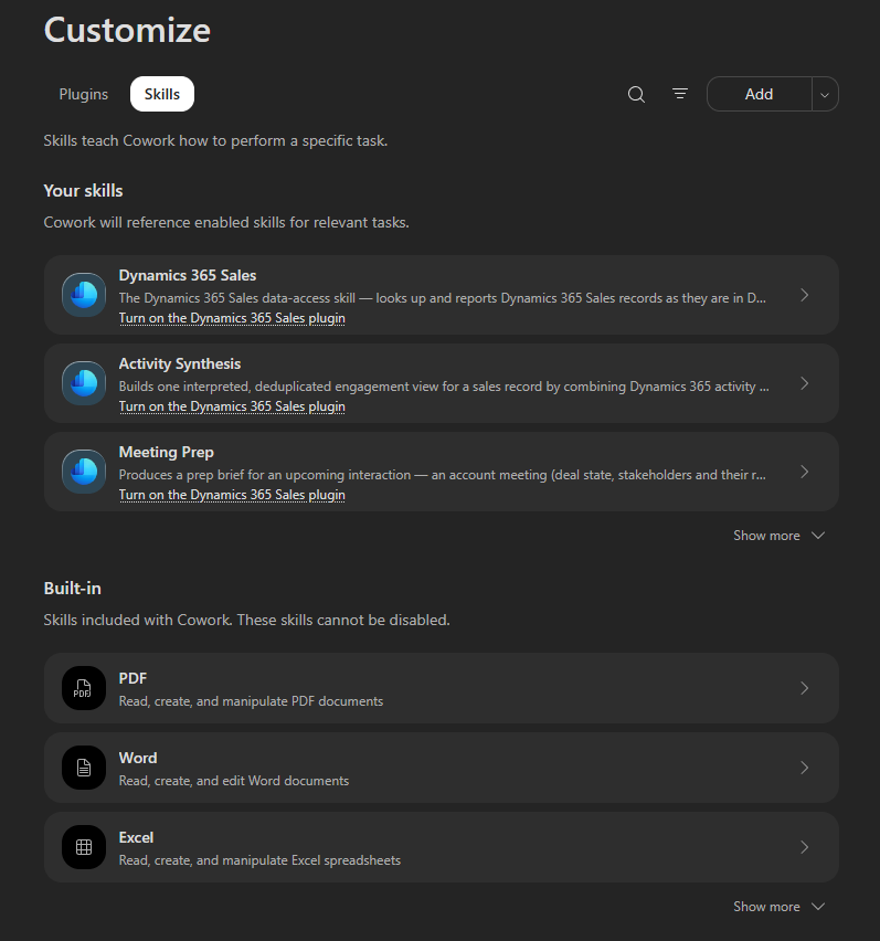 Microsoft 365 Copilot showing the Cowork skills