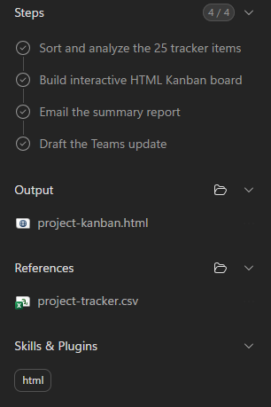 Cowork showing steps, outputs, references, and skills used