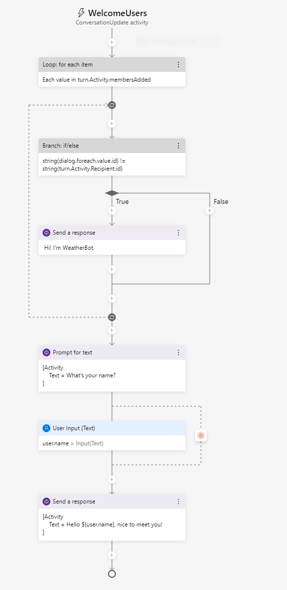 A dialog flow welcoming a users and asking for their name