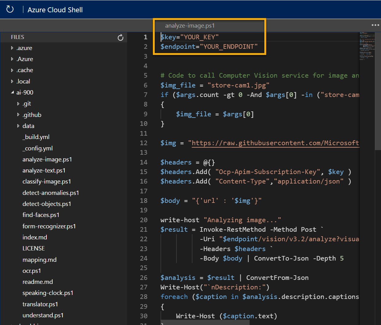 Der Editor enthält Code zur Analyse von Bildern.