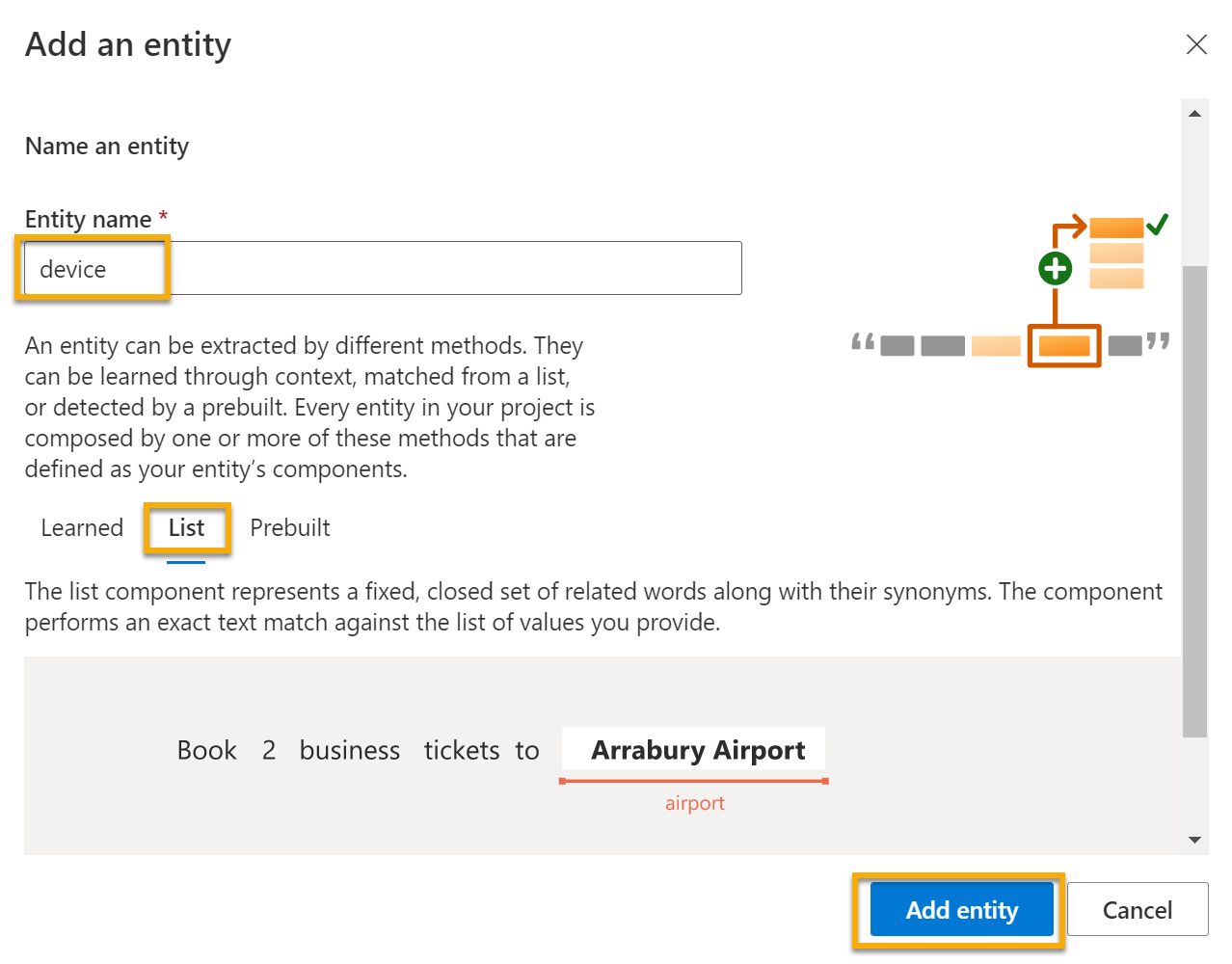 Geben Sie das Gerät unter „Entitätsname“ ein, und wählen Sie Liste und dann „Entität hinzufügen“ aus.