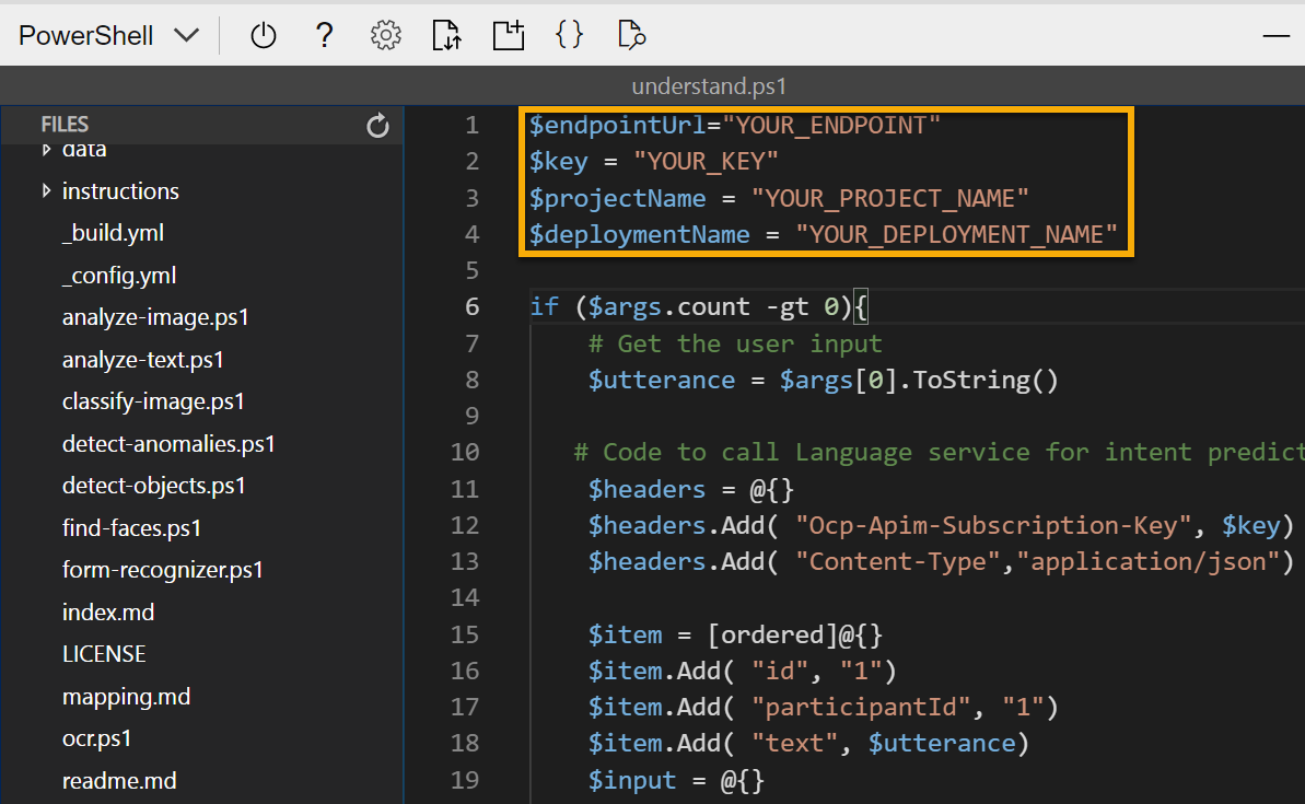 Der Code für das Language Understanding-Lab mit einem Rahmen um die Anmeldeinformationen, die Sie ändern und speichern müssen, bevor Sie das Programm ausführen.
