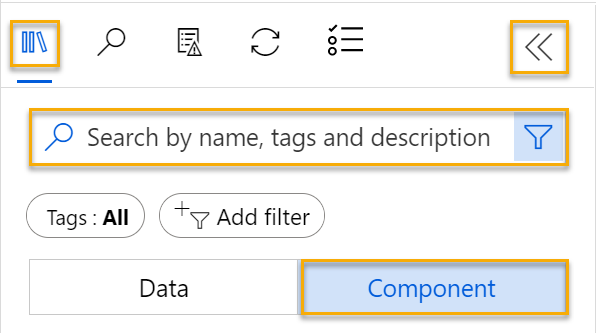 Screenshot der Position der Ressourcenbibliothek für den Designer, die Suchleiste und das Komponentensymbol