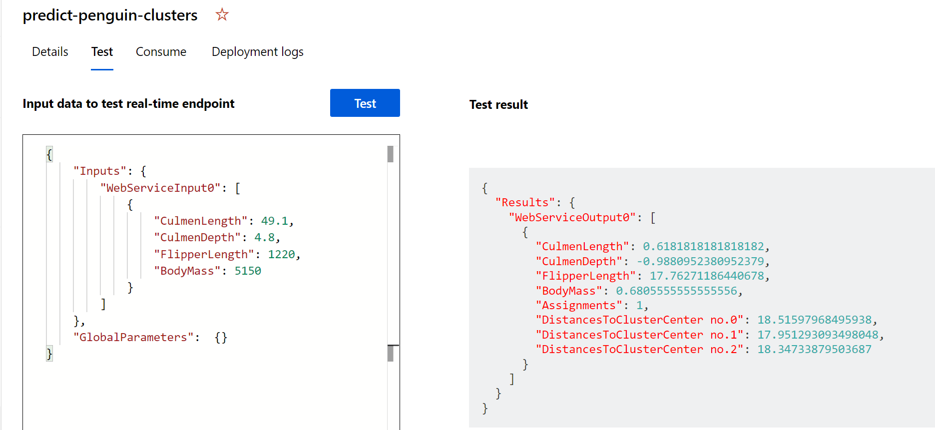 Screenshot: Testbereich mit Beispieltestergebnis