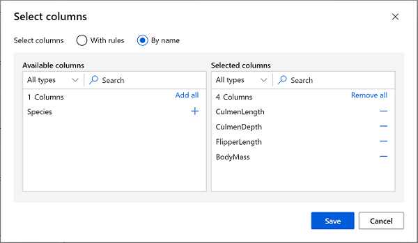 Captura de pantalla que muestra cómo incluir los nombres de las columnas CulmenLength, CulmenDepth, FlipperLength y BodyMass.