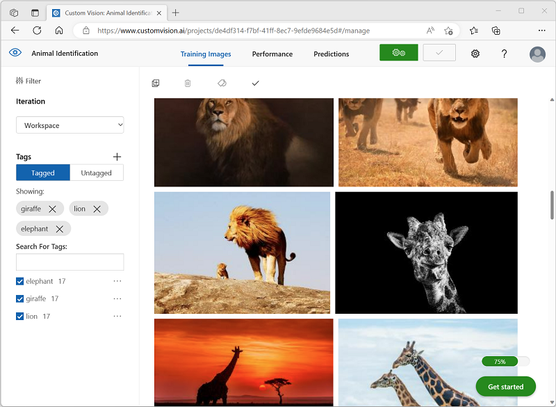 Cuplikan layar gambar pelatihan yang diberi tag di portal Custom Vision.