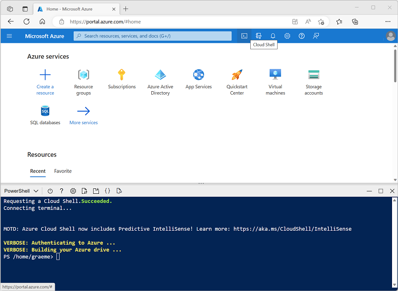 Cuplikan layar saat membuka Azure Cloud Shell di portal Microsoft Azure.