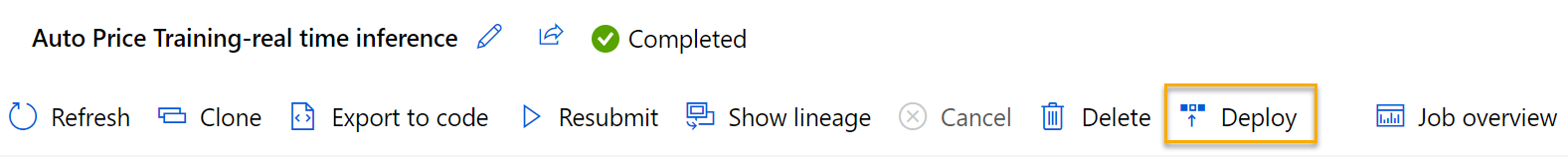 Predict Auto Price (自動車の価格の予測) 推論パイプラインの [デプロイ] ボタンのスクリーンショット。