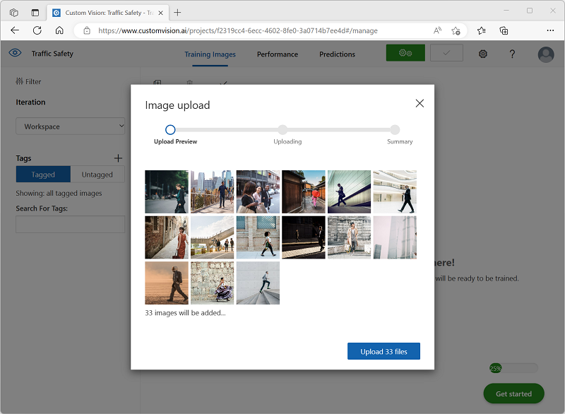 Custom Vision Studio の [画像のアップロード] ダイアログ ボックスのスクリーンショット。
