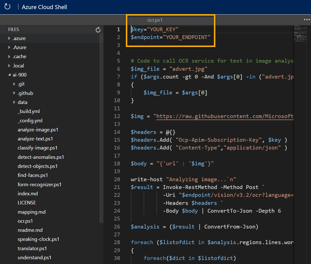 이미지의 텍스트를 분석하는 코드가 포함된 편집기.