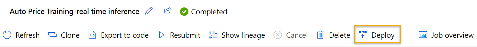 屏幕截图显示“预测汽车价格”推理管道的“部署”按钮。