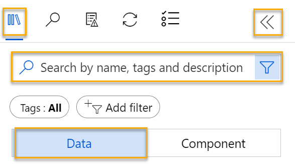 设计器资产库、搜索栏和数据图标位置的屏幕截图。