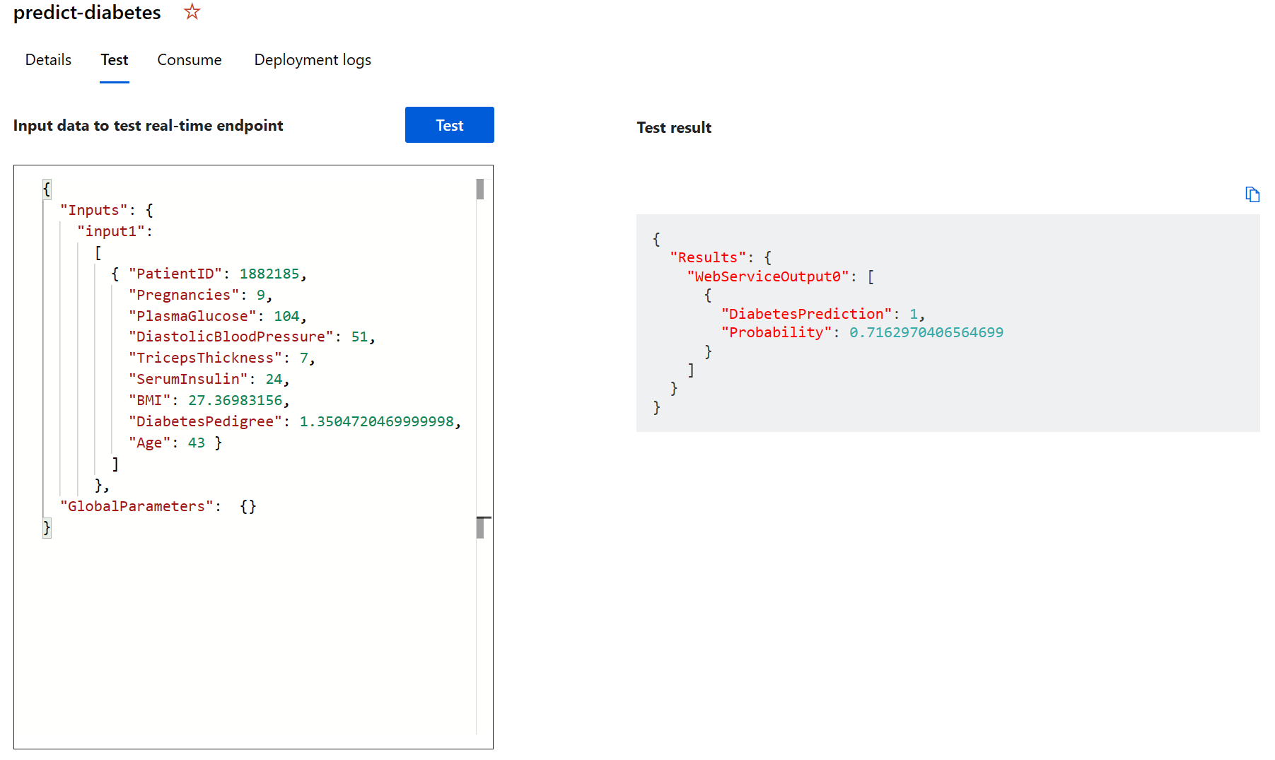 “测试”窗格的屏幕截图。