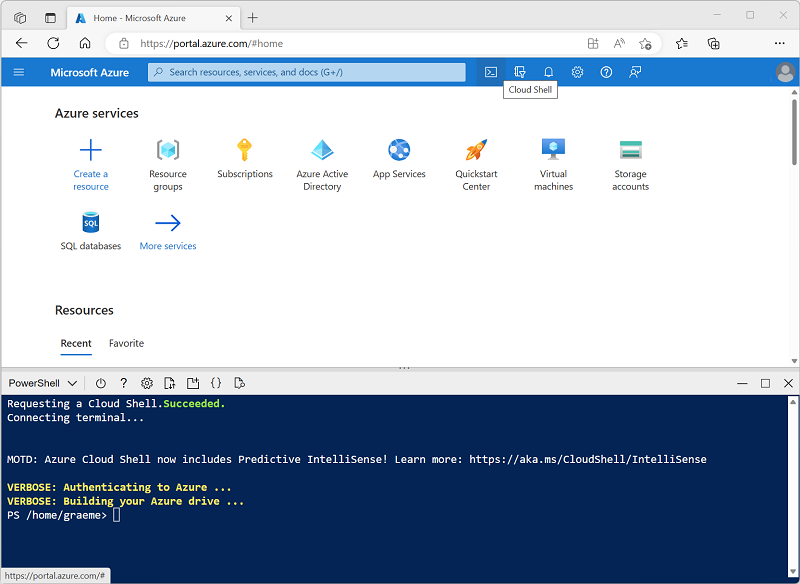 Azure 门户中的 Cloud Shell 的屏幕截图。