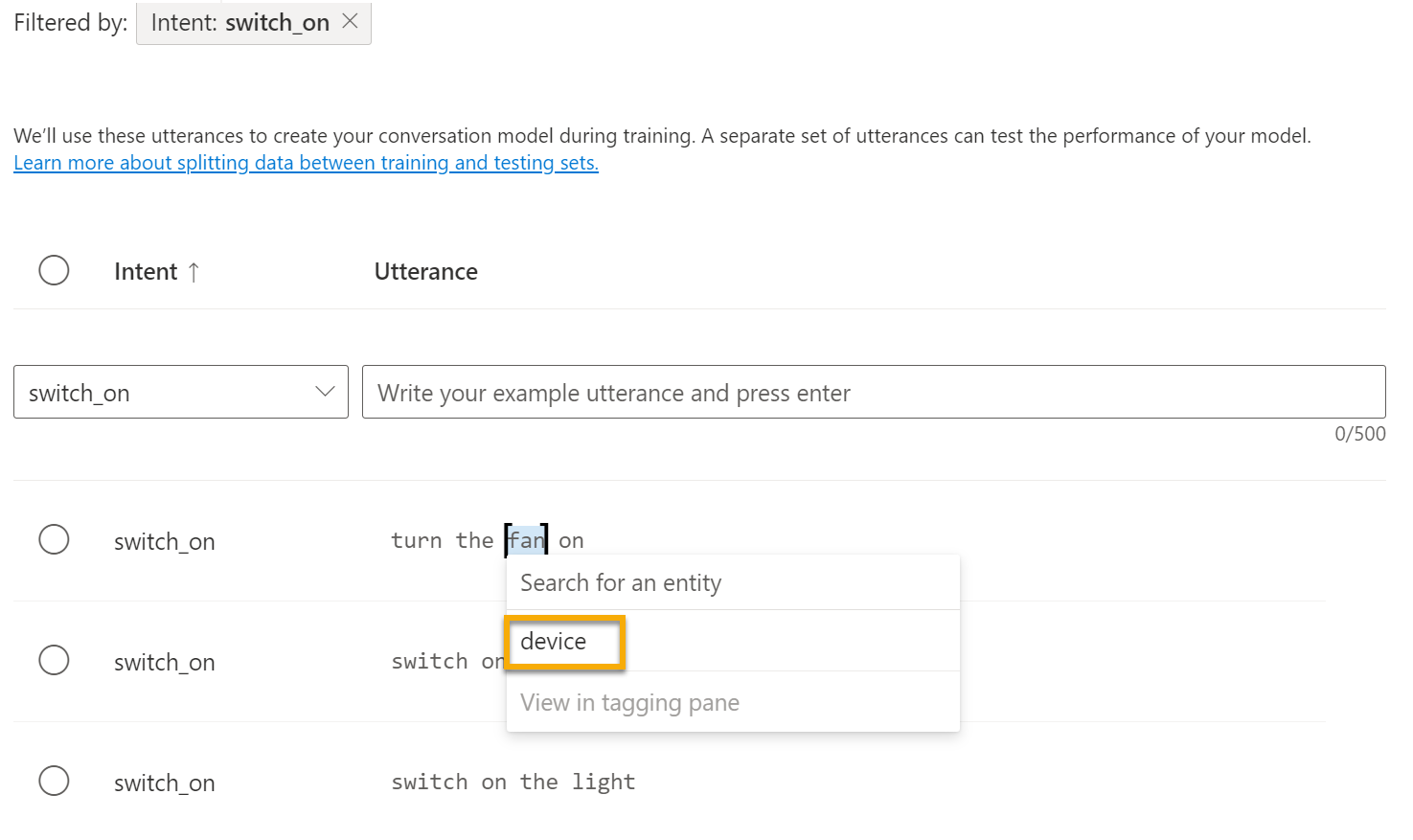 Highlight the word fan in the utterance and select device.