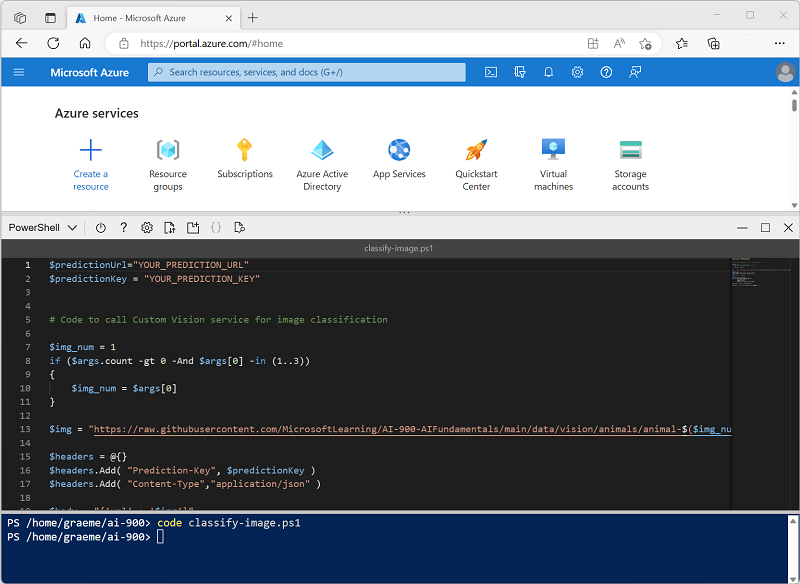 Screenshot of the code editor in the cloud shell.