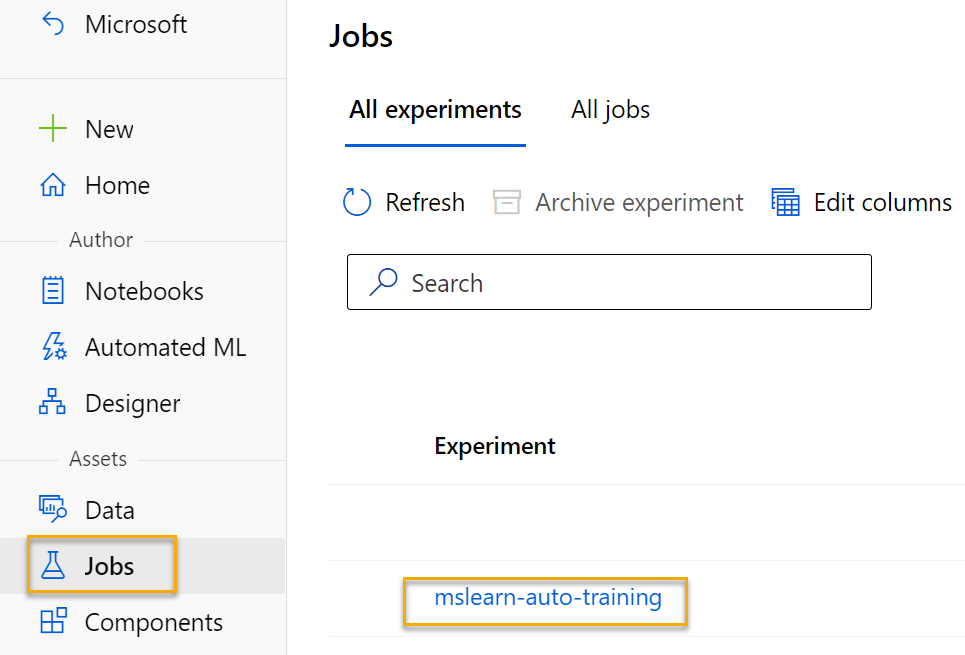 Screenshot of jobs on the left-hand menu. Select jobs and then select your experiment name.