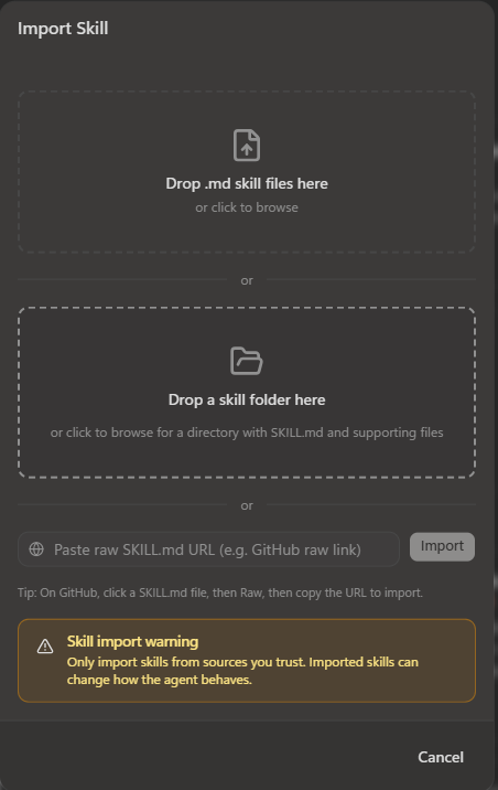 Screenshot of the Import Skill dialog window in Microsoft Scout.