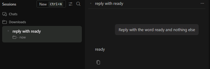 The VS Code Agents window replying with the word ready