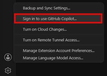 The VS Code account menu with "Sign in to use GitHub Copilot" highlighted