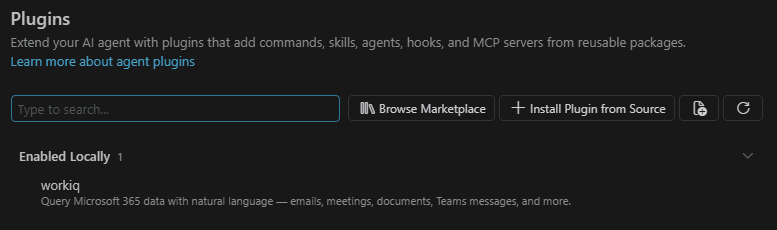 The Plugins list showing workiq installed and enabled