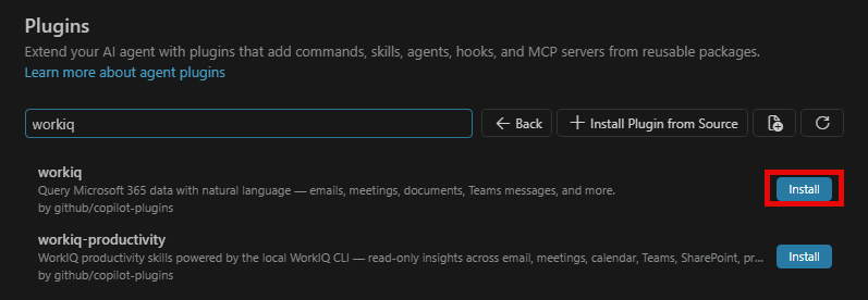 The plugin marketplace with the workiq plugin and its Install button
