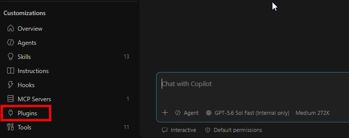The VS Code Agents window with the Plugins option selected