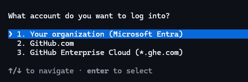 The Copilot CLI login prompt asking which account type to log into, with the org and linked-account options