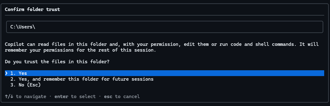 The Copilot CLI prompt asking whether you trust the files in this folder