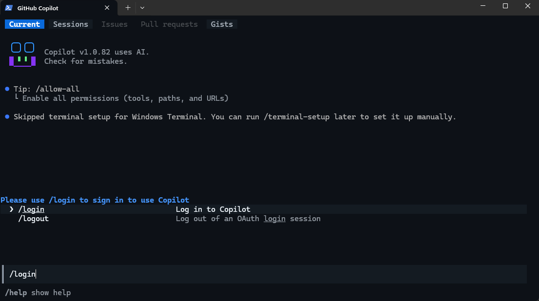 The Copilot CLI prompt box with /login entered
