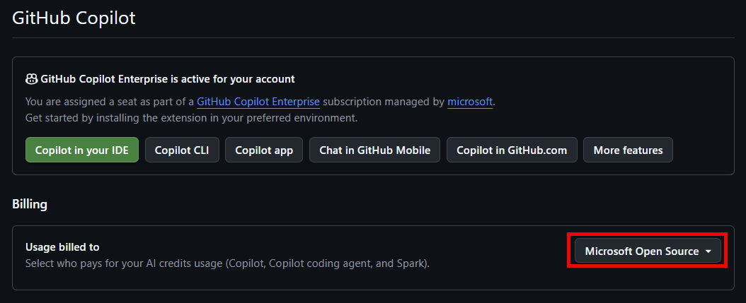 The GitHub Copilot settings page with Usage billed to set to Microsoft Open Source