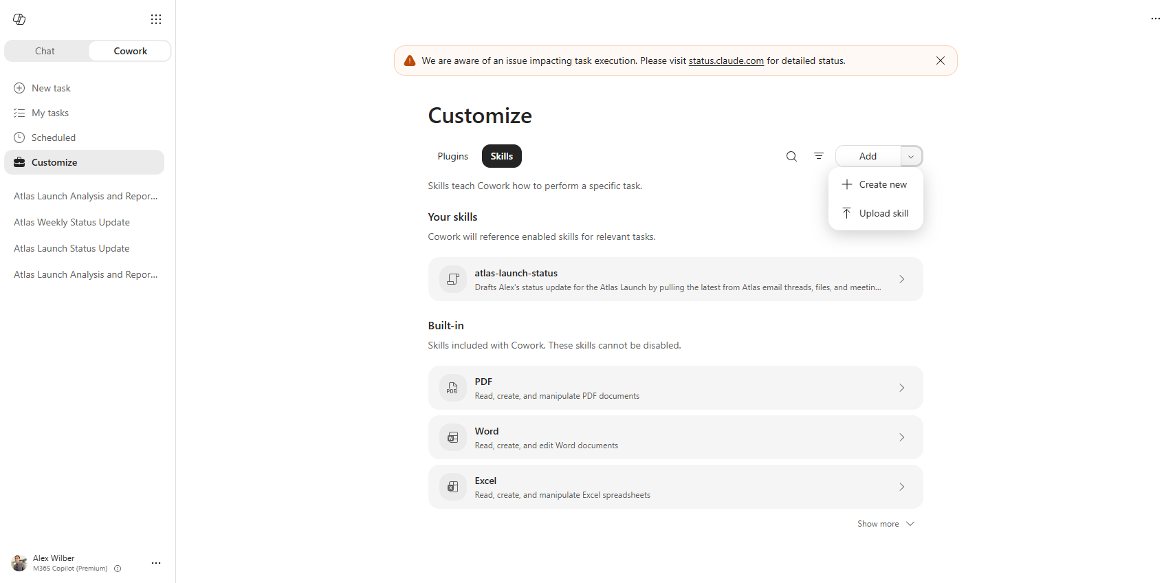Cowork Customize page, Skills tab, Add menu open