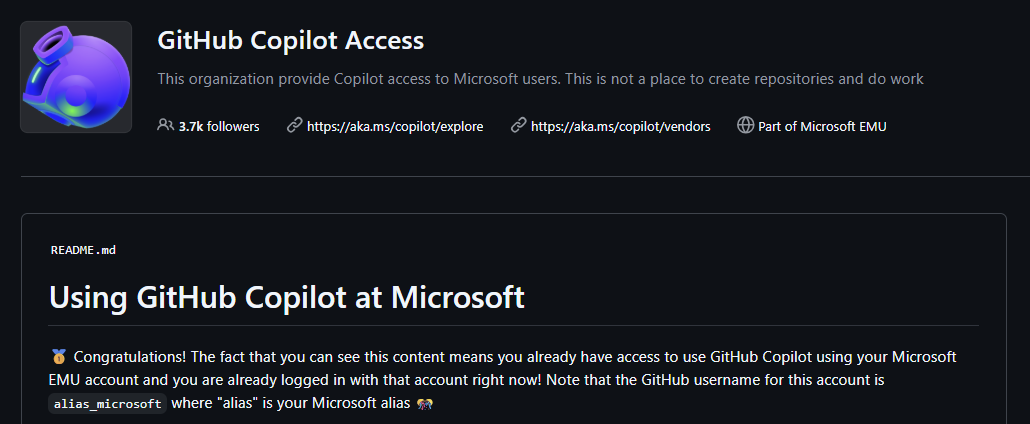 The GitHub Copilot Access organization page, headed Using GitHub Copilot at Microsoft