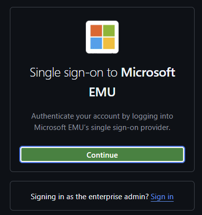 The single sign-on screen for Microsoft EMU, with a green Continue button