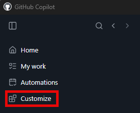 The GitHub Copilot app sidebar with Customize highlighted