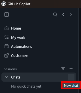 The GitHub Copilot app sidebar with the plus button next to Chats and the New chat option highlighted
