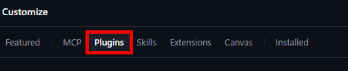 The Customize page with the Plugins tab highlighted