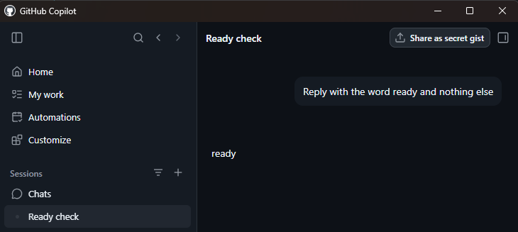 The GitHub Copilot app replying with the word ready