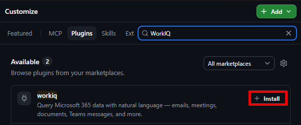 The Plugins tab with WorkIQ searched and the Install button highlighted
