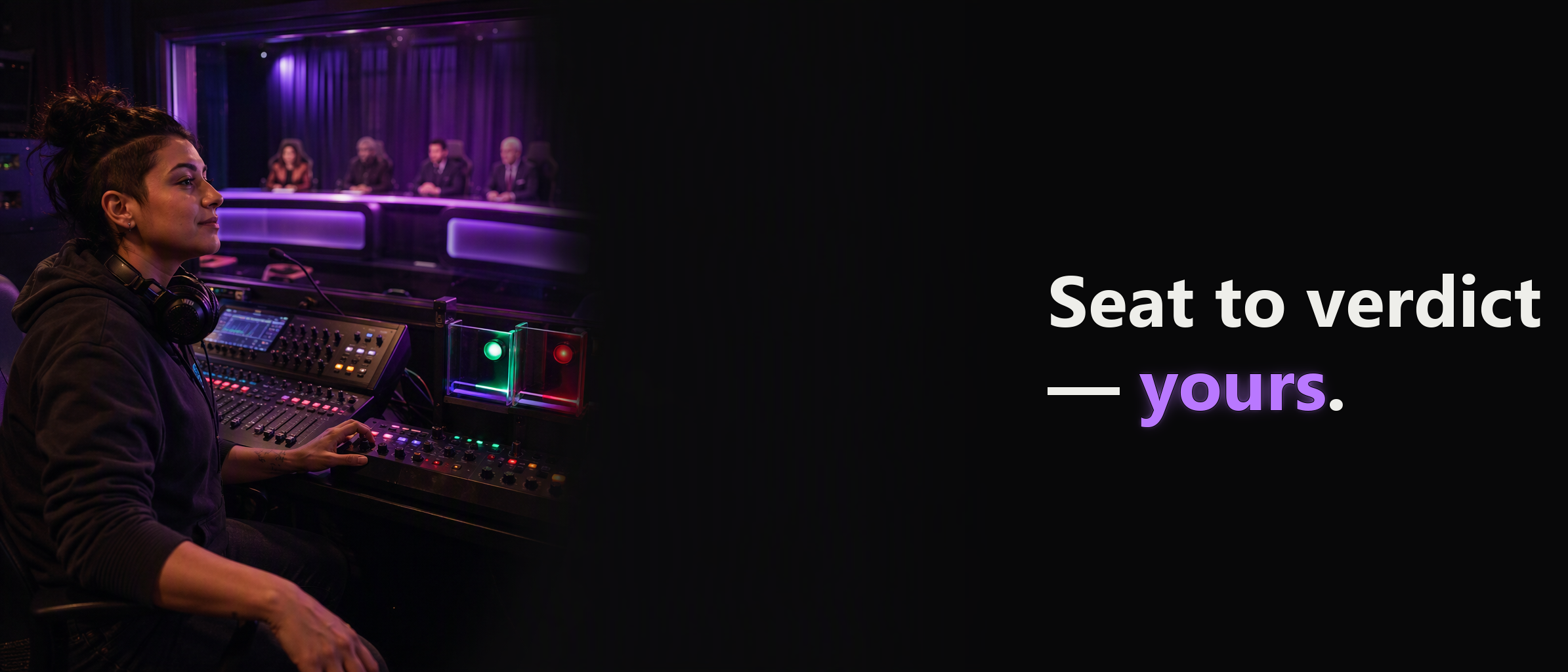 The engineer leans back in command as the purple council runs and a green-pass, red-block guardrail gate works. Headline: "Seat to verdict β yours."