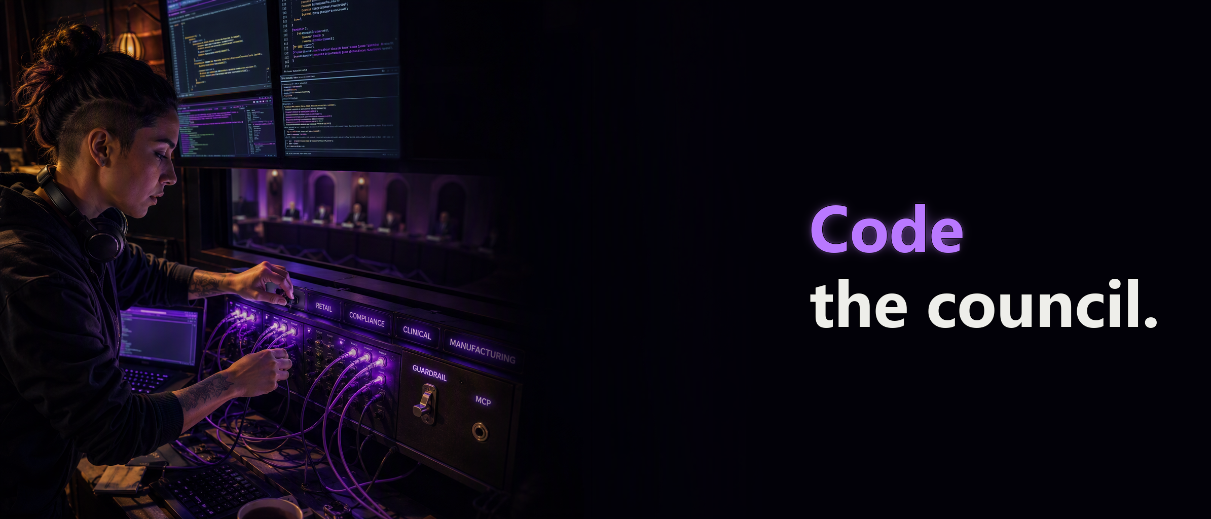 The engineer patches purple cables into channels labelled Retail, Compliance, Clinical and Manufacturing beside a guardrail switch. Headline: "Code the council."