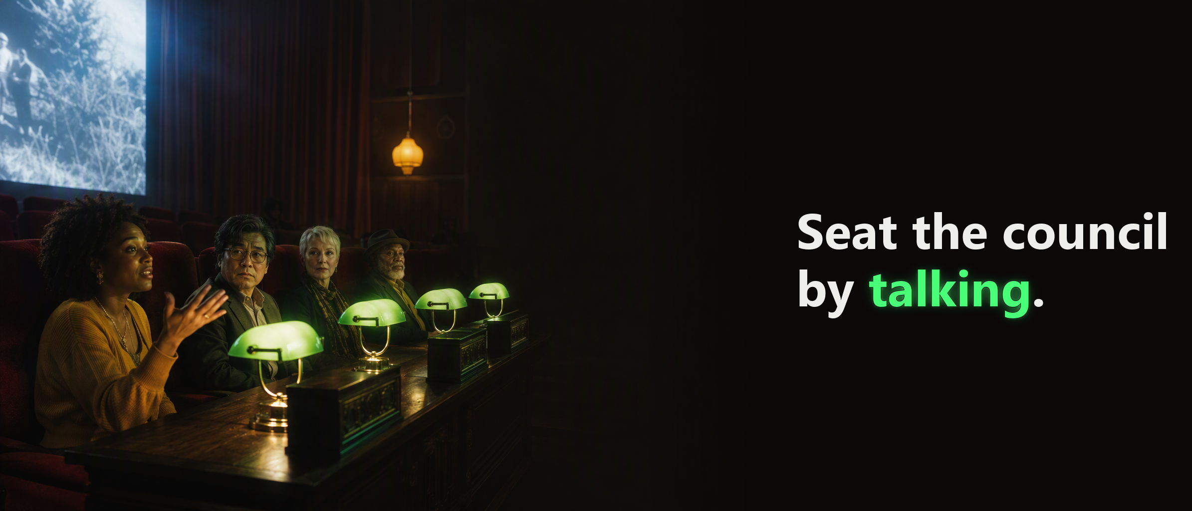 The same woman gestures as four critics take their seats and their green verdict lamps light up. Headline: "Seat the council by talking."
