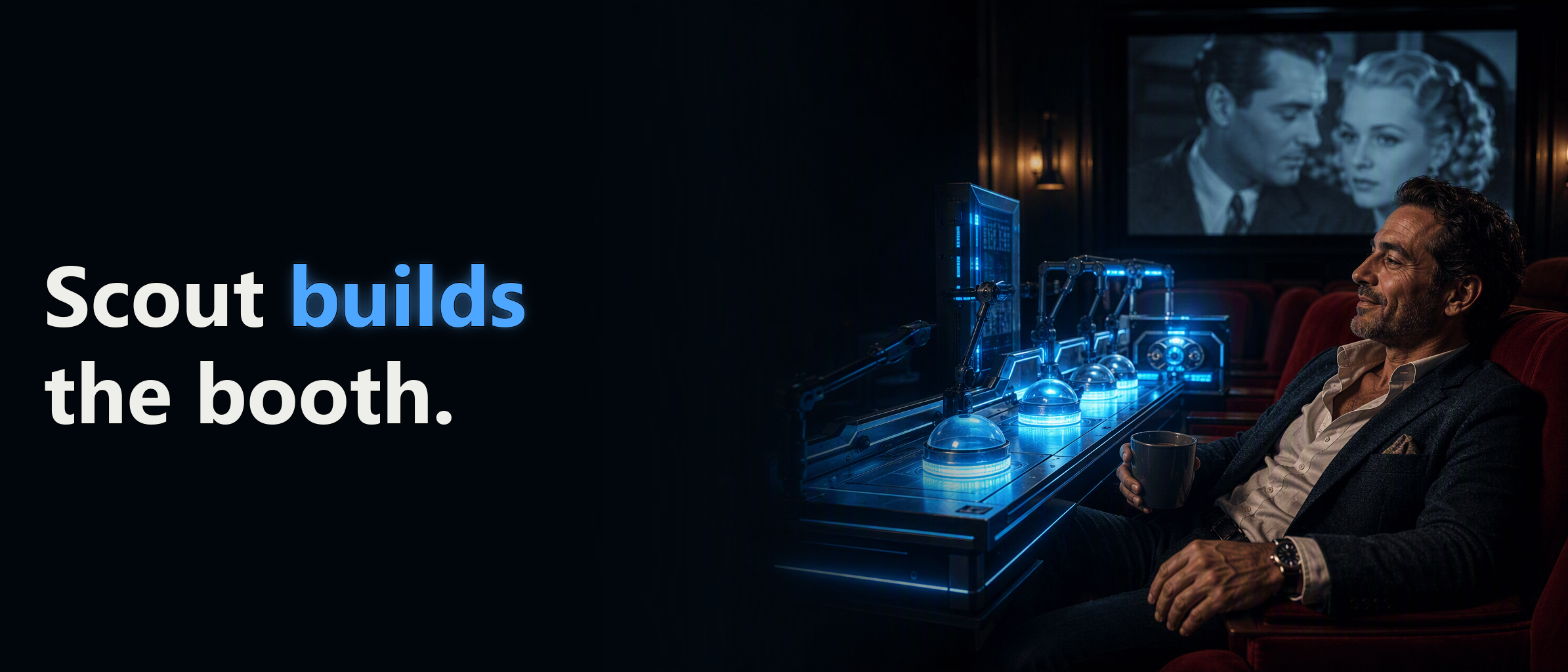 Robotic arms assemble the council booth in blue light while the man reclines with his coffee. Headline: "Scout builds the booth."