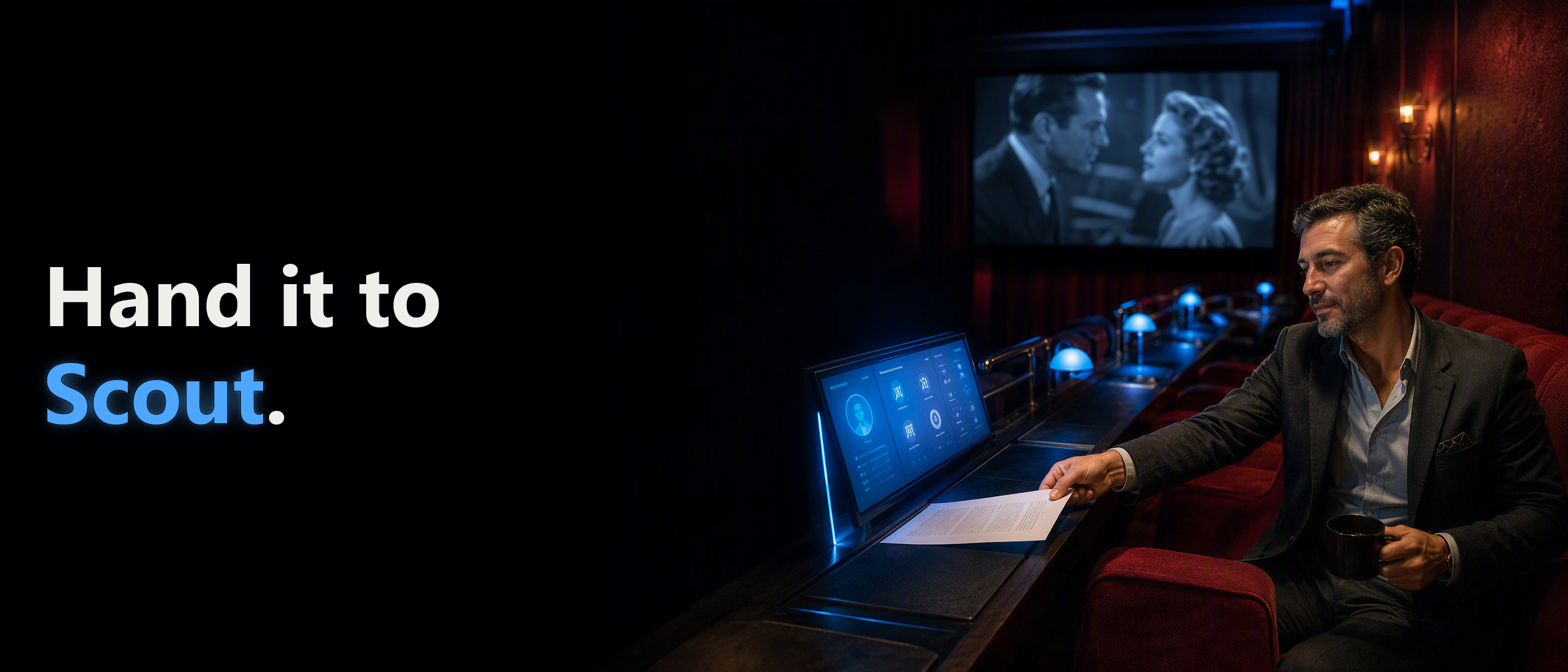 A relaxed man slides a one-page brief toward a glowing blue agent console as the booth's blue lamps wake. Headline: "Hand it to Scout."